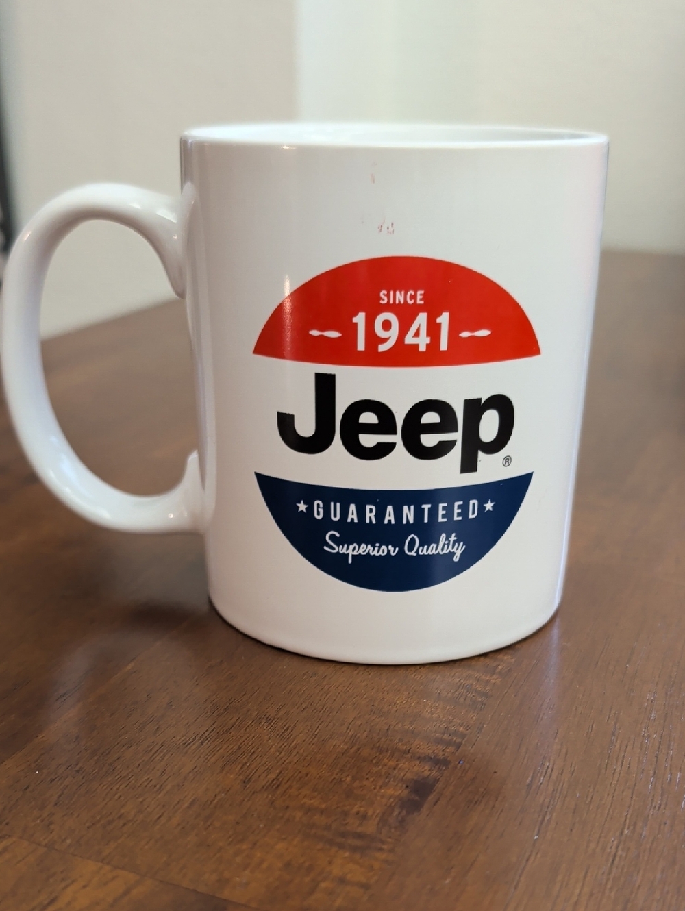 Jeep Red & Blue Logo White Ceramic Coffee Mug